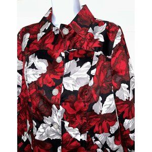 ADDITIONS Chico’s Sz 0 (SMALL) Cotton Stretch Jacket Black Red Floral Roses EUC